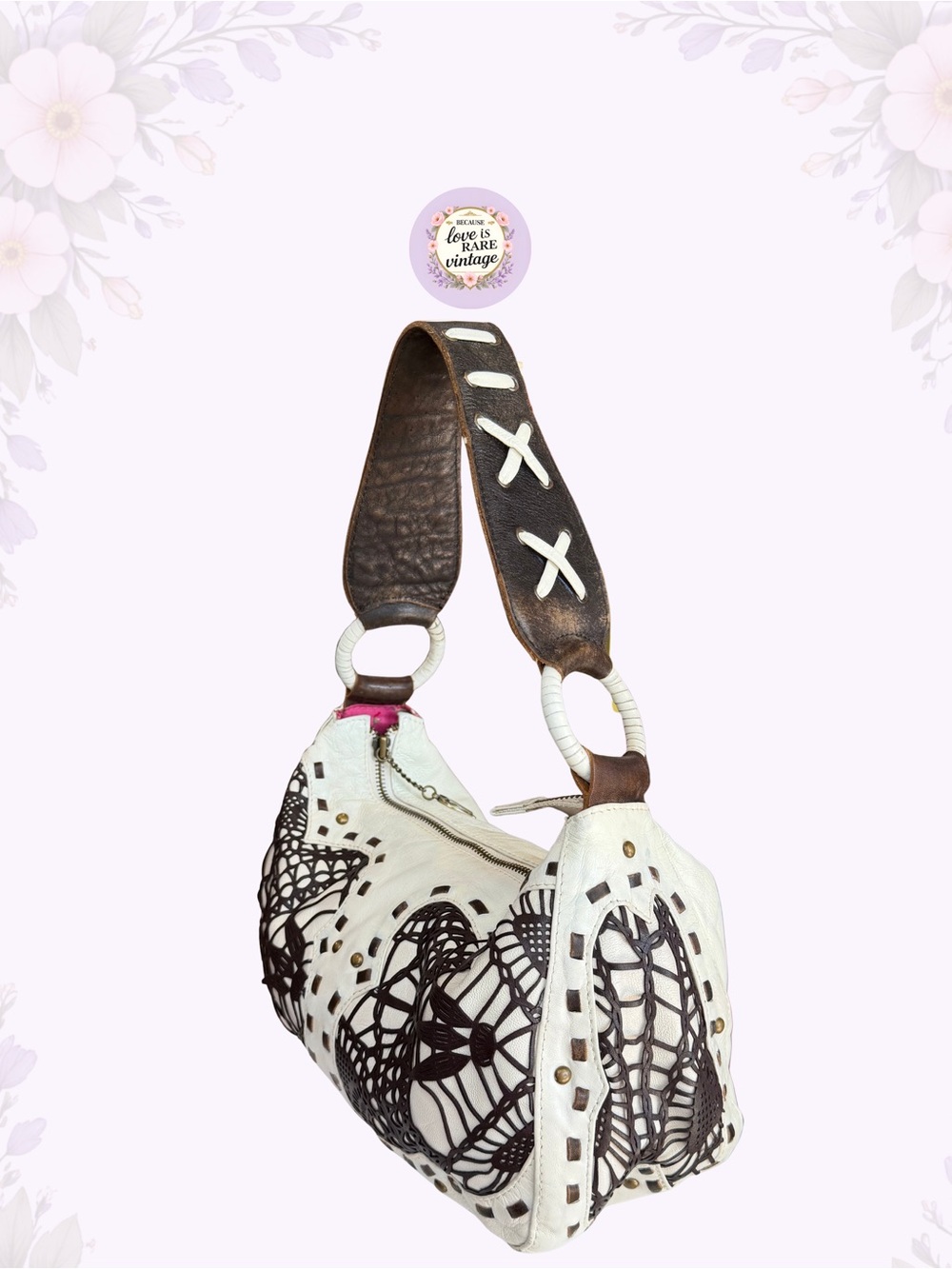 Vintage Western Betsey Johnson Leather Shoulder Bag • Y2K White & Brown Hobo - Picture 5 of 13